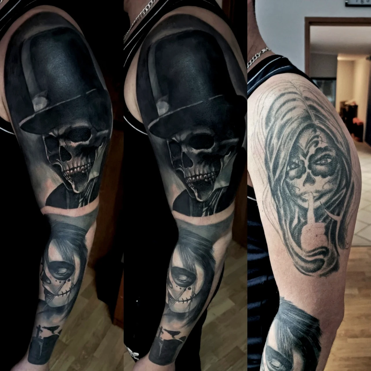 A person’s upper arm with a dark, detailed tattoo of a skull wearing a top hat, and below it, a woman’s face with a finger to her lips. The image shows the tattoo from multiple angles.