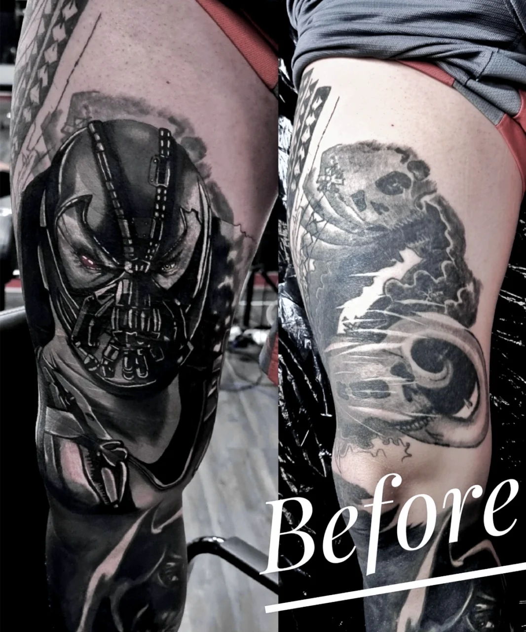 Side-by-side comparison of a person’s thigh tattoo cover-up: left shows a detailed Bane portrait; right shows a faded, less-defined skull tattoo labeled “Before.”.
