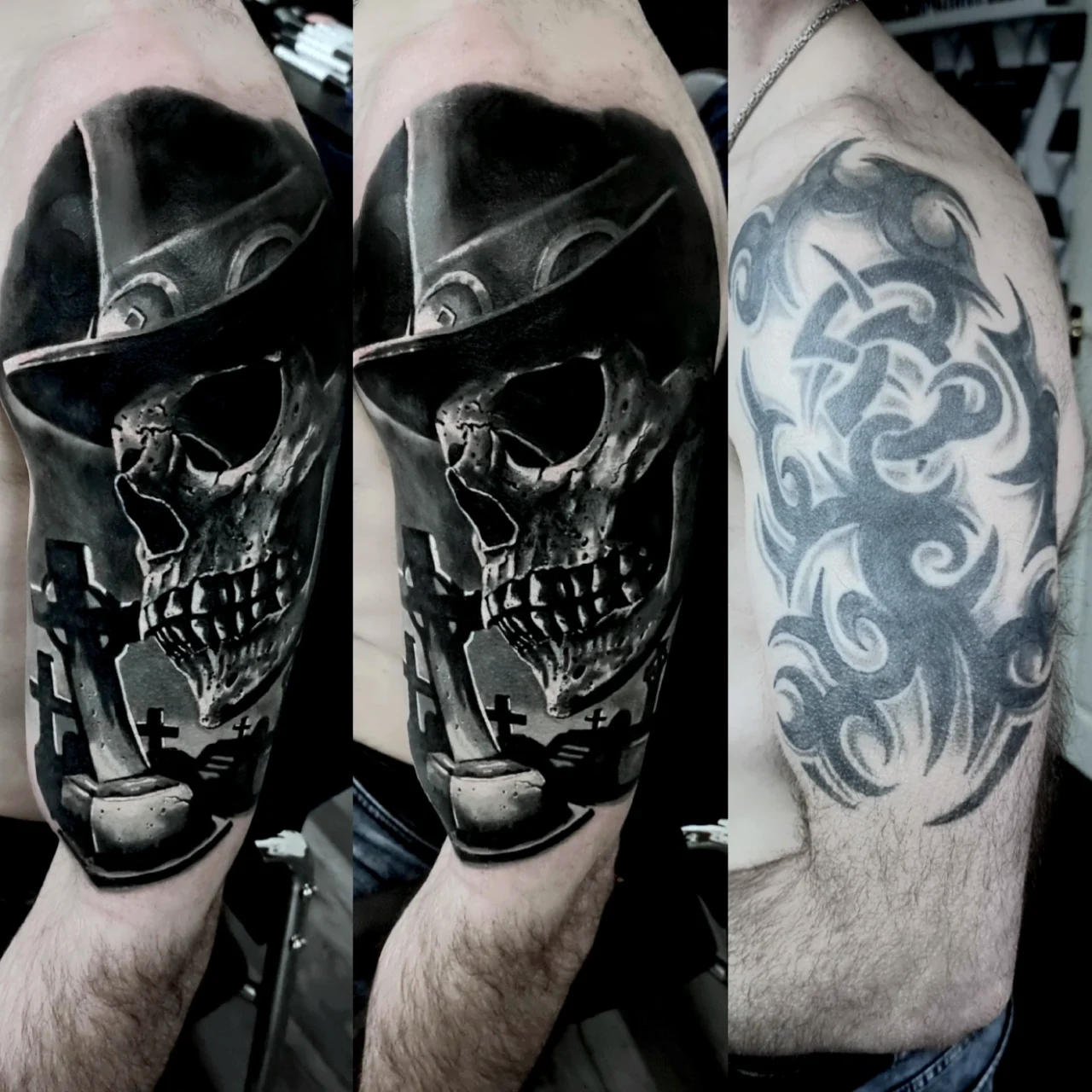 Three side-by-side photos show a persons upper arm with two different tattoos: a detailed skull with a hat and graveyard scene, and a bold, abstract tribal design.