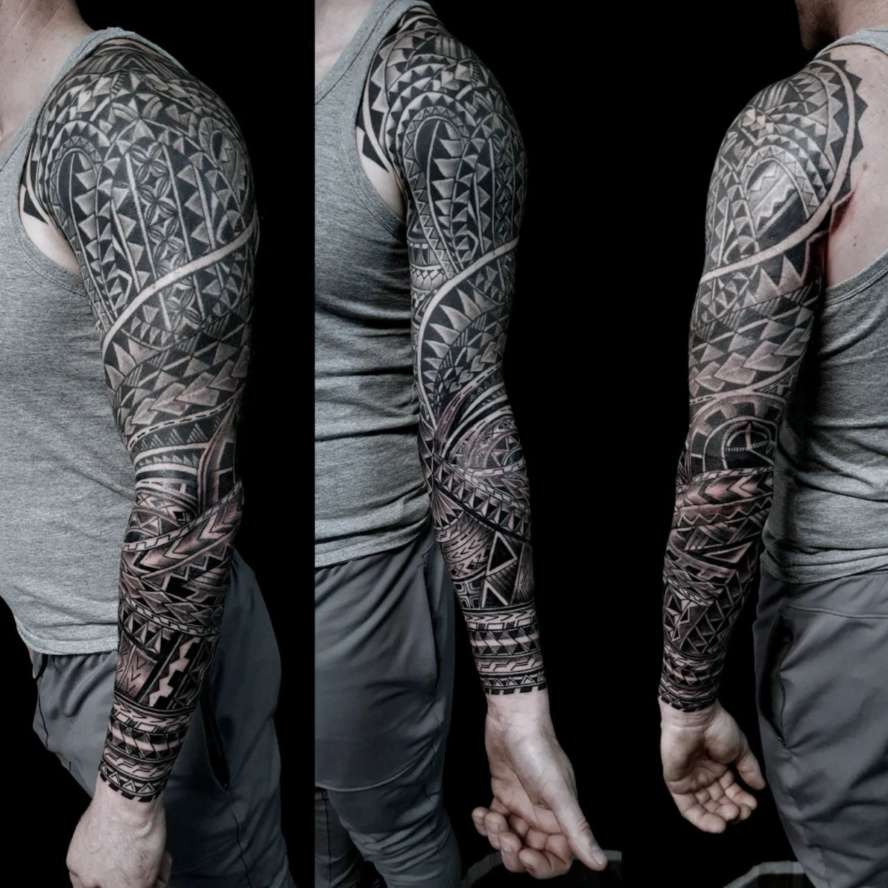 Three views of a mans arm with an intricate, full-sleeve Polynesian-style tattoo featuring bold black geometric and tribal patterns, shown from different angles while he wears a gray tank top and gray pants.