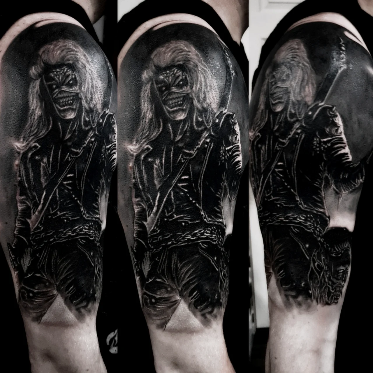 Black and grey tattoo of a menacing, long-haired figure with sharp teeth and a leather outfit, holding a weapon. The image is shown from three angles on an upper arm.
