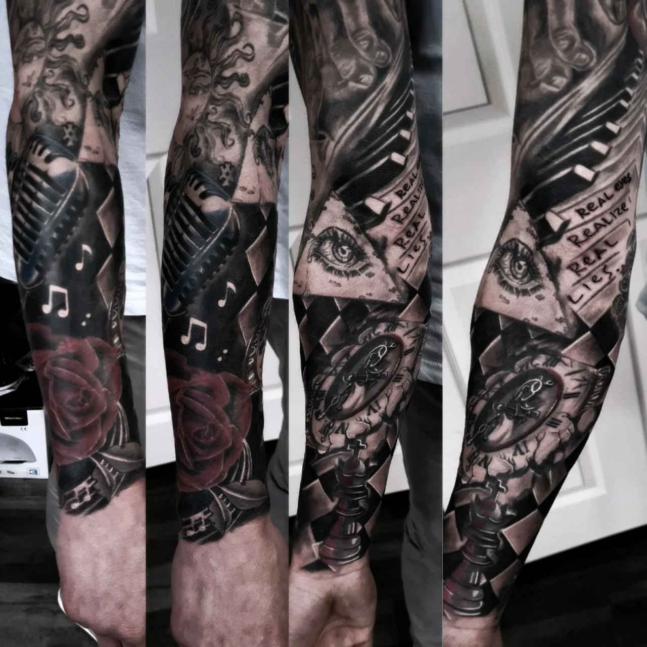 A detailed black and grey sleeve tattoo featuring a vintage microphone, musical notes, a red rose, a realistic eye, chess pieces, an old clock, and paper with the words “REAL EYES, REALIZE, REAL LIES.”.
