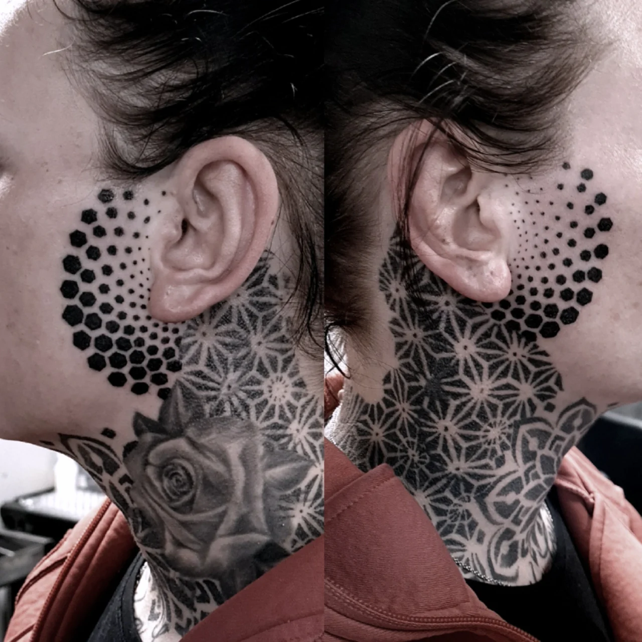 A person with geometric tattoos covering their neck, jaw, and cheek. The design includes black hexagons on the cheek and intricate patterns on the neck, with a realistic rose tattoo near the collarbone.