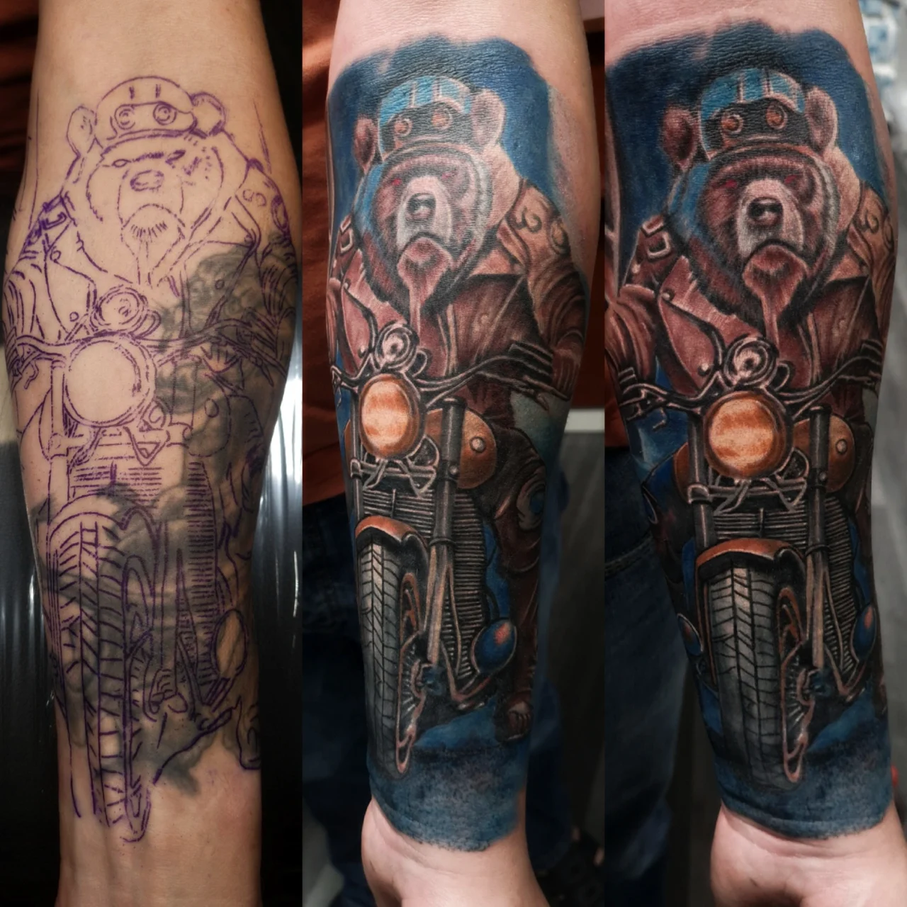 Three stages of a forearm tattoo: first, a purple stencil of a bear in a helmet and leather jacket riding a motorcycle; next, the partially colored tattoo; last, the fully colored and shaded finished tattoo.