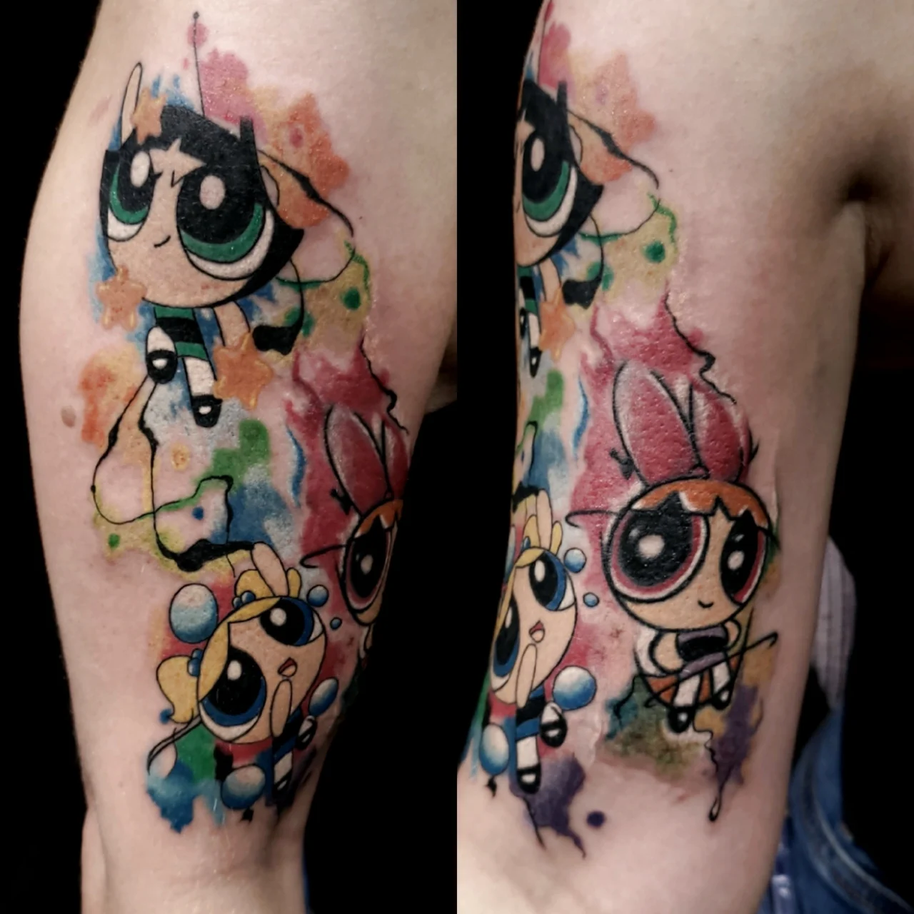 Tattoo of the Powerpuff Girls—Buttercup, Bubbles, and Blossom—on a persons arm, with a colorful watercolor splash background, shown from two different angles.