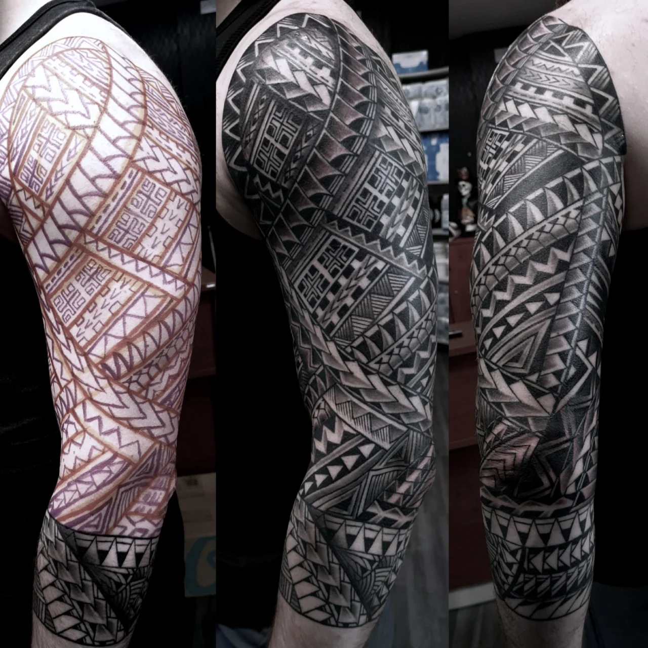 Three side-by-side photos show the progress of a half-sleeve Polynesian tribal tattoo on an arm: initial purple stencil, partially inked stage, and the completed bold black geometric design.