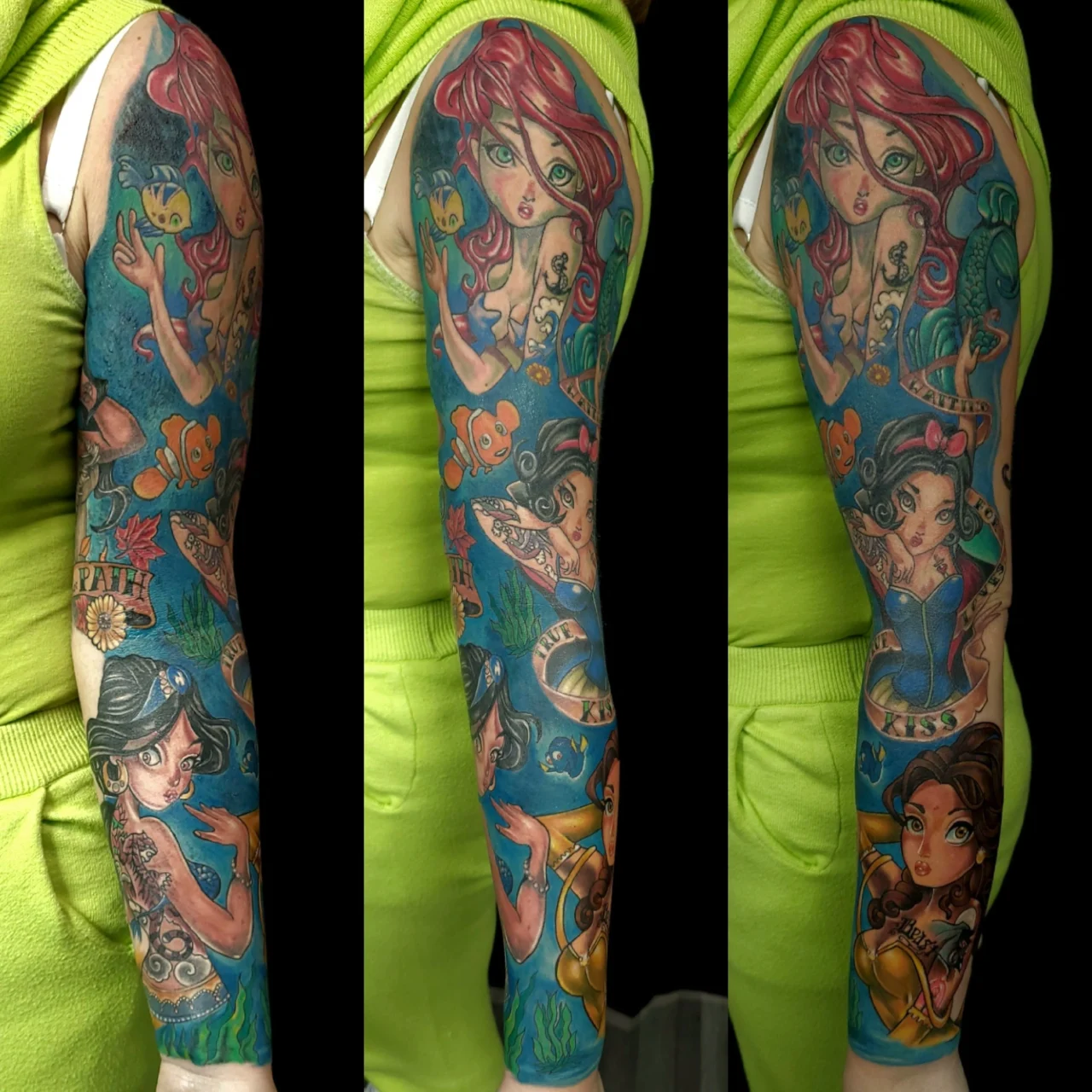 A colorful full-sleeve tattoo featuring stylized, cartoon-like women, fish, sea creatures, and words like faith and fearless, with a vibrant underwater theme covering the arm.