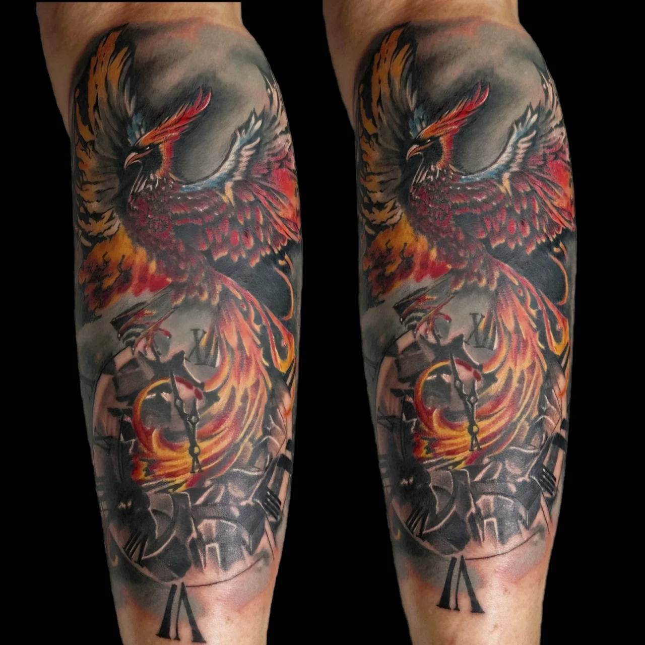 A vibrant tattoo of a fiery red and orange phoenix rising from swirling flames above a broken clock face with Roman numerals, symbolizing rebirth and the passage of time.