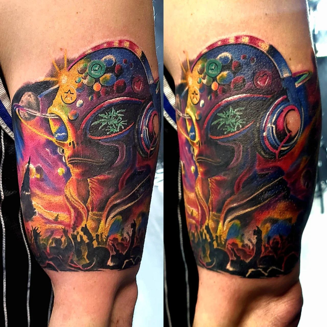 A colorful tattoo of an alien DJ wearing headphones, spinning records with vibrant cosmic and sky patterns in the background, and a crowd of silhouetted people dancing in the foreground.