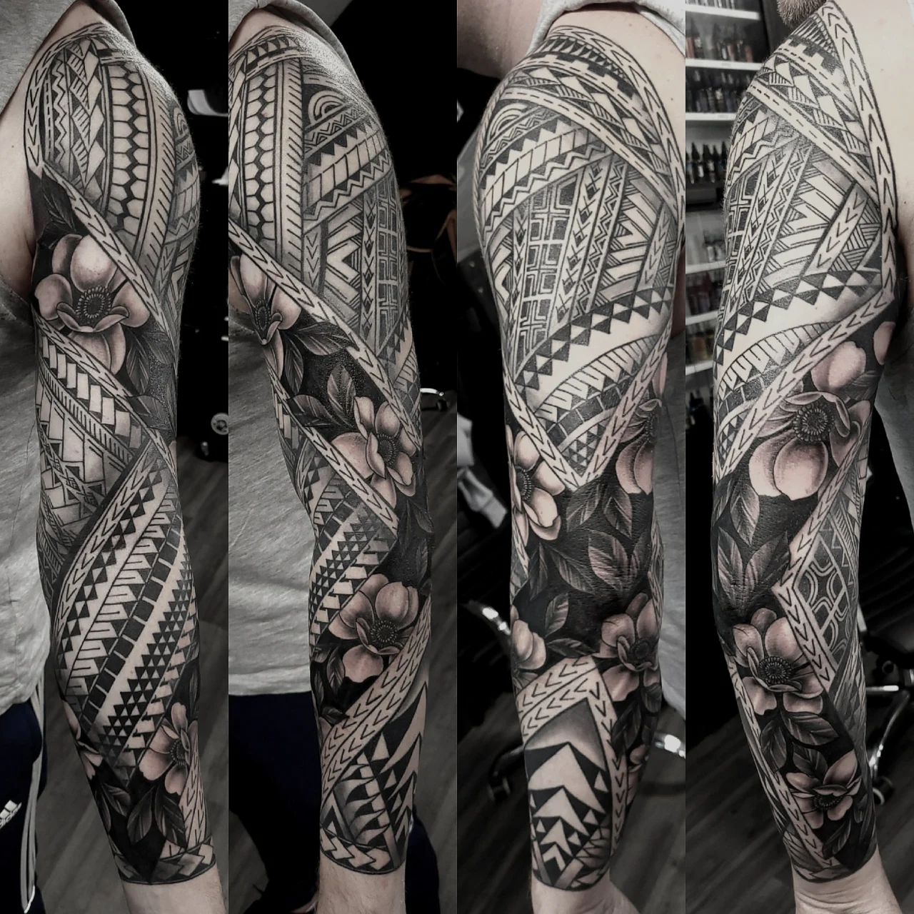 Four views of a full-sleeve tattoo on an arm, featuring intricate geometric Polynesian patterns and detailed flowers, all in black and grey ink. The tattoo wraps around the entire arm.