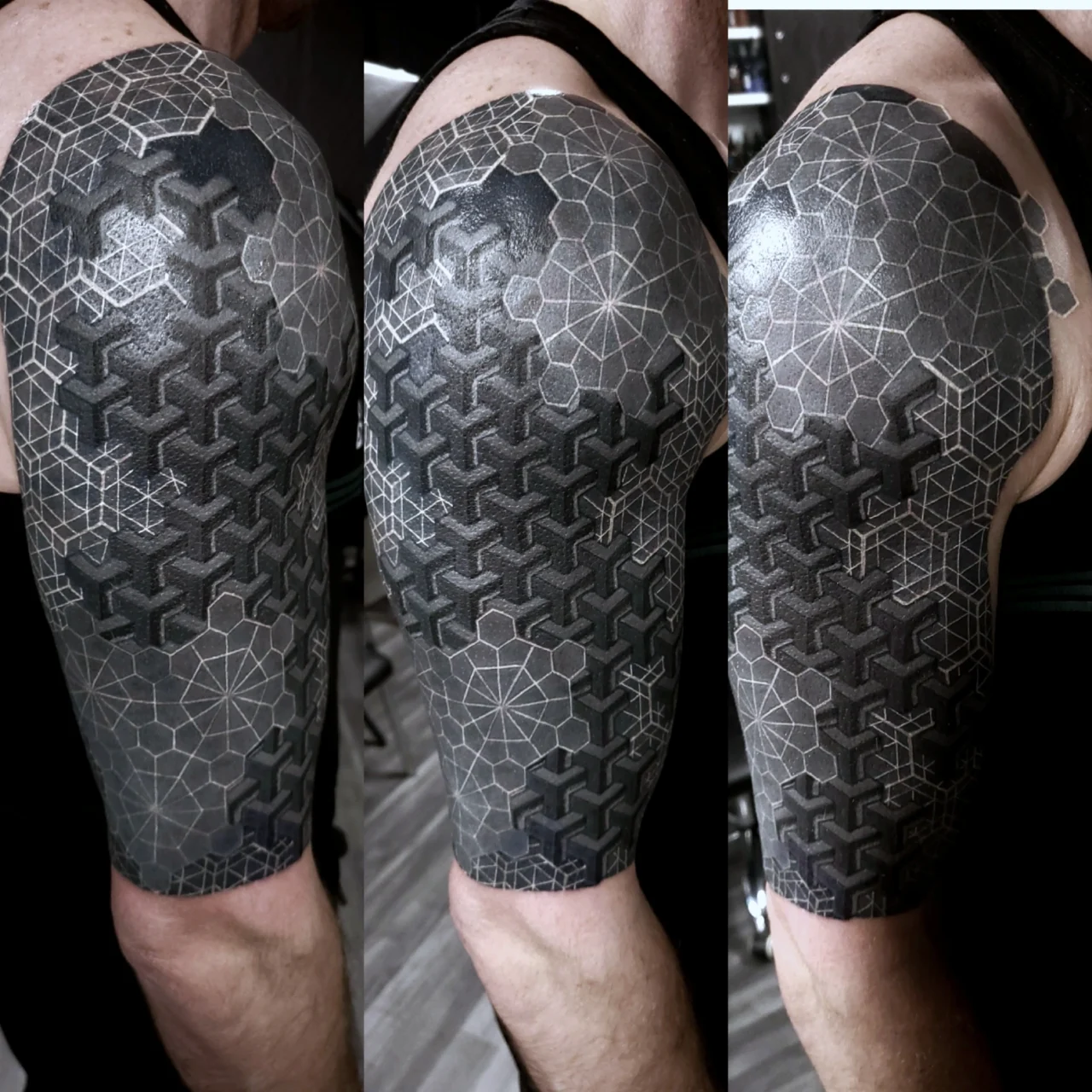 A black and gray upper arm tattoo featuring geometric patterns and 3D hexagonal shapes, with intricate linework and white ink highlights, shown from three different angles.