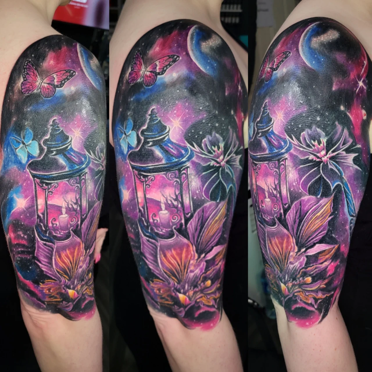 A colorful tattoo on an upper arm featuring a glowing lantern, large flowers, butterflies, and a swirling starry night sky in vibrant shades of purple, pink, and blue. The design wraps around the arm.