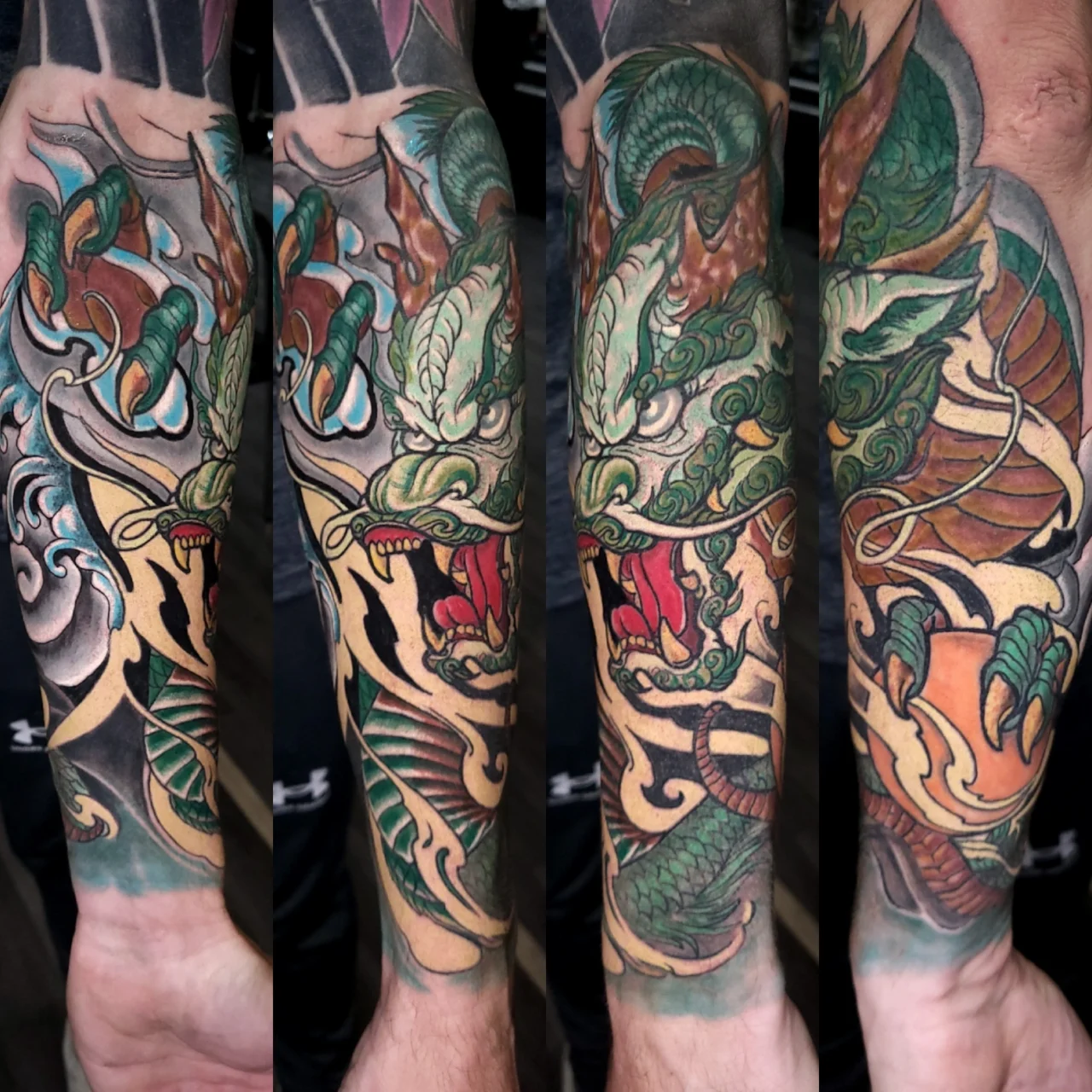 Four views of a forearm tattoo featuring a detailed, colorful dragon with green scales, red mouth, and gold and brown accents in a dynamic, traditional Japanese style.