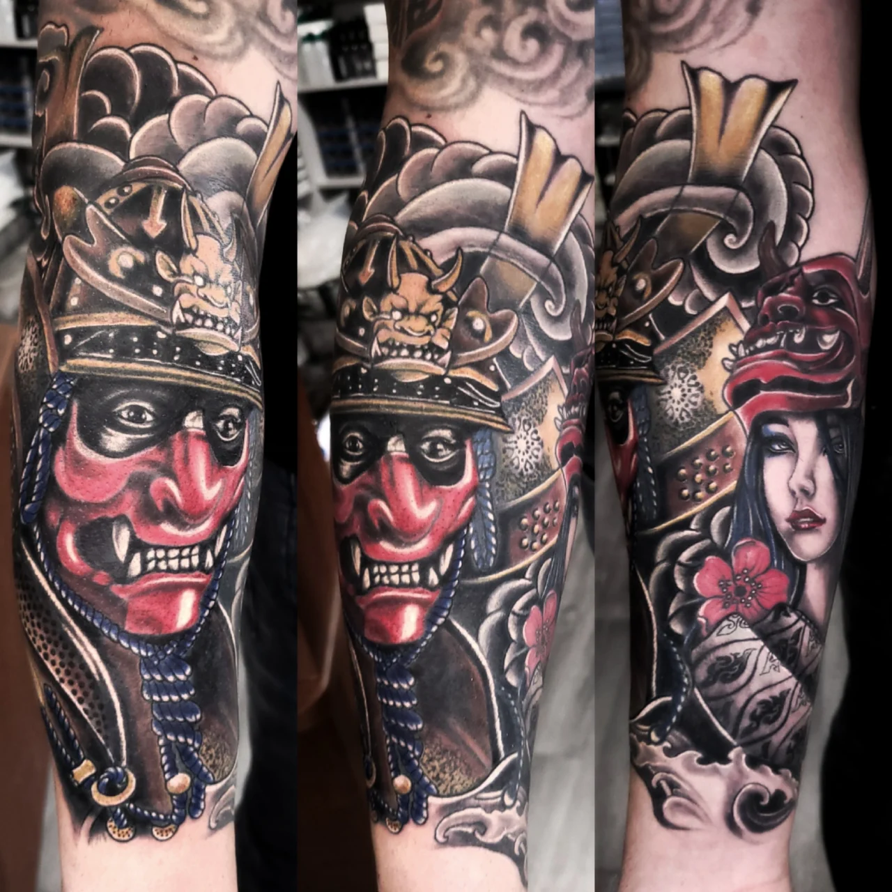 A colorful tattoo sleeve showing a fierce samurai mask with red and gold armor, a detailed helmet, and a woman’s face with long dark hair and a red mask, along with cherry blossoms and ornamental designs.
