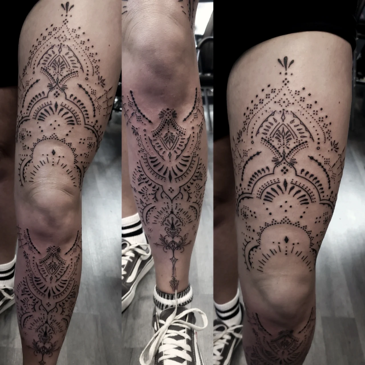 Three views of a leg with an intricate black geometric and mandala-style tattoo extending from thigh to ankle, featuring symmetrical patterns, dots, lines, and ornamental shapes. The person is wearing white sneakers.