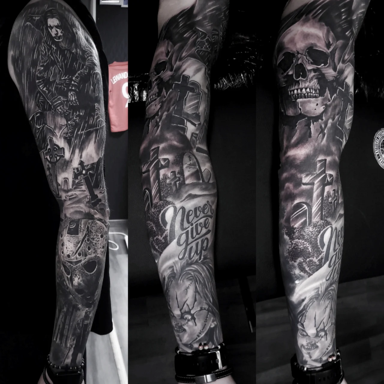 A black and grey sleeve tattoo featuring a grim reaper, a skull, graveyard scenes, tombstones, and the phrase Never give up in script, covering an entire leg.