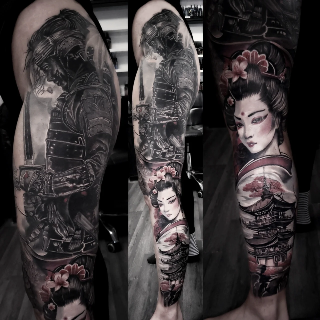 A detailed full-sleeve tattoo featuring a samurai with armor and sword, a geisha with red accents, and a traditional Japanese pagoda, all in black and gray with hints of red, shown from three angles.