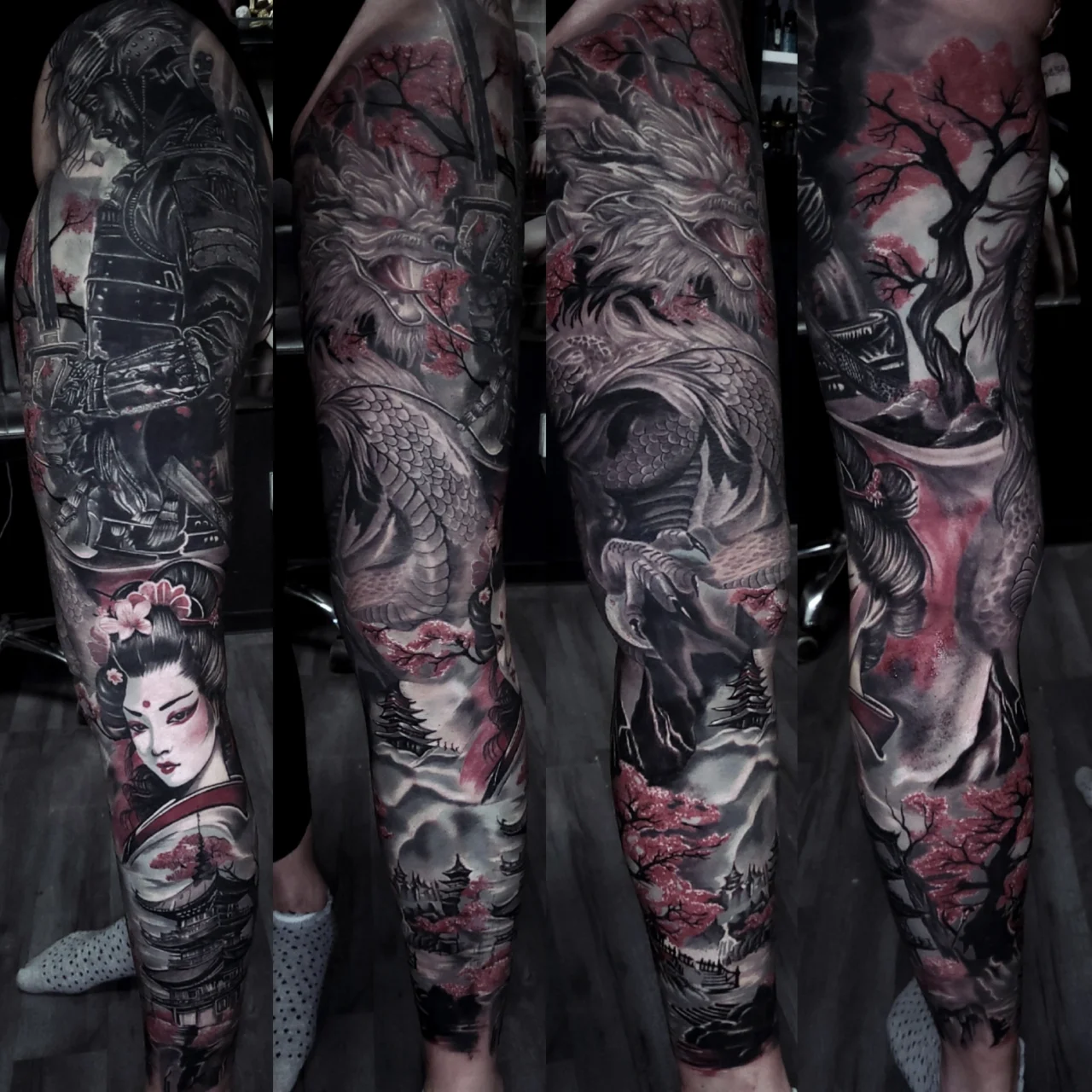 Full sleeve tattoo with Japanese themes, featuring a samurai, geisha, dragon, pagodas, cherry blossoms, and swirling smoke in black, grey, and red ink, shown from multiple angles on an arm.
