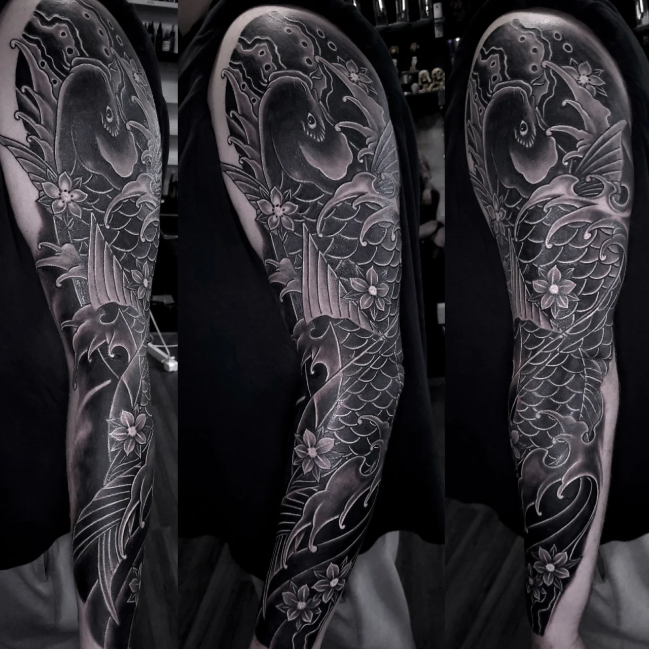 Three views of a detailed black and gray koi fish tattoo sleeve on an arm, featuring flowing water, waves, and cherry blossoms, with intricate shading and bold outlines.