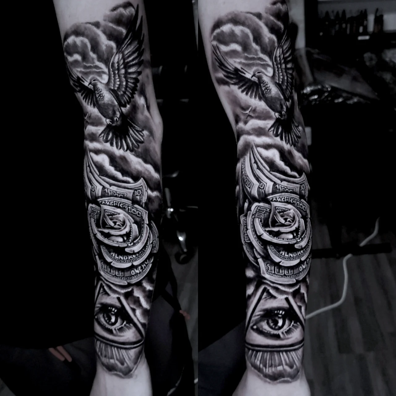 A black and gray tattoo sleeve features a realistic flying bird, detailed roses with script on ribbon banners, and a large, realistic eye, with clouds and shadow effects covering the entire forearm.