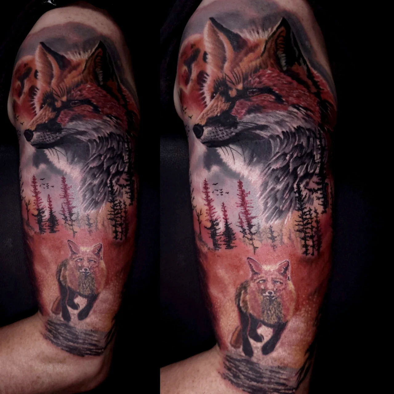Tattoo of a realistic fox’s face above a scene of a fox walking through a forest with tall trees and a red sunset sky, covering a person’s upper arm.