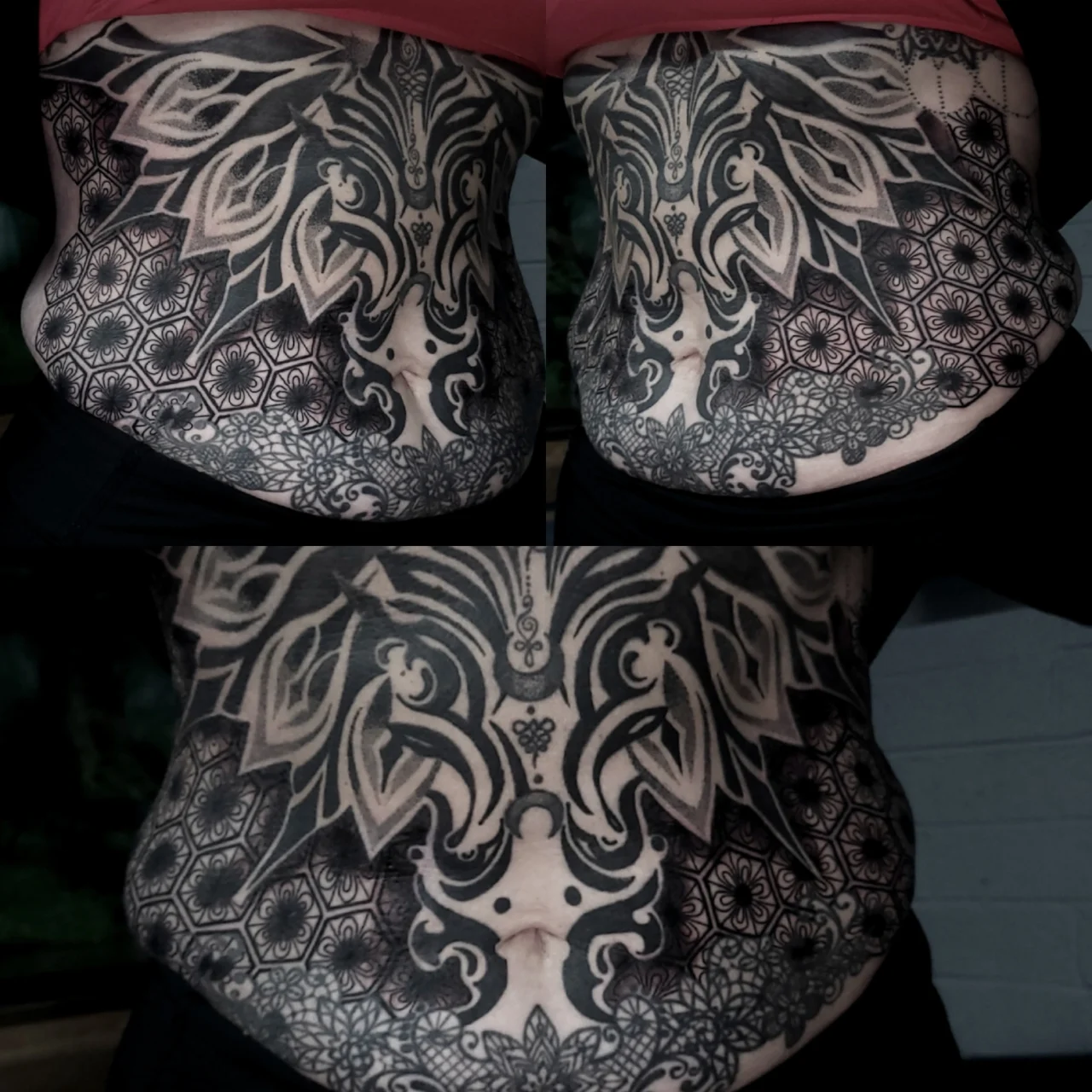 Three views of an intricate blackwork tattoo on a person’s torso, featuring bold geometric, floral, and ornamental patterns covering the stomach and sides, with detailed shading and symmetrical designs.