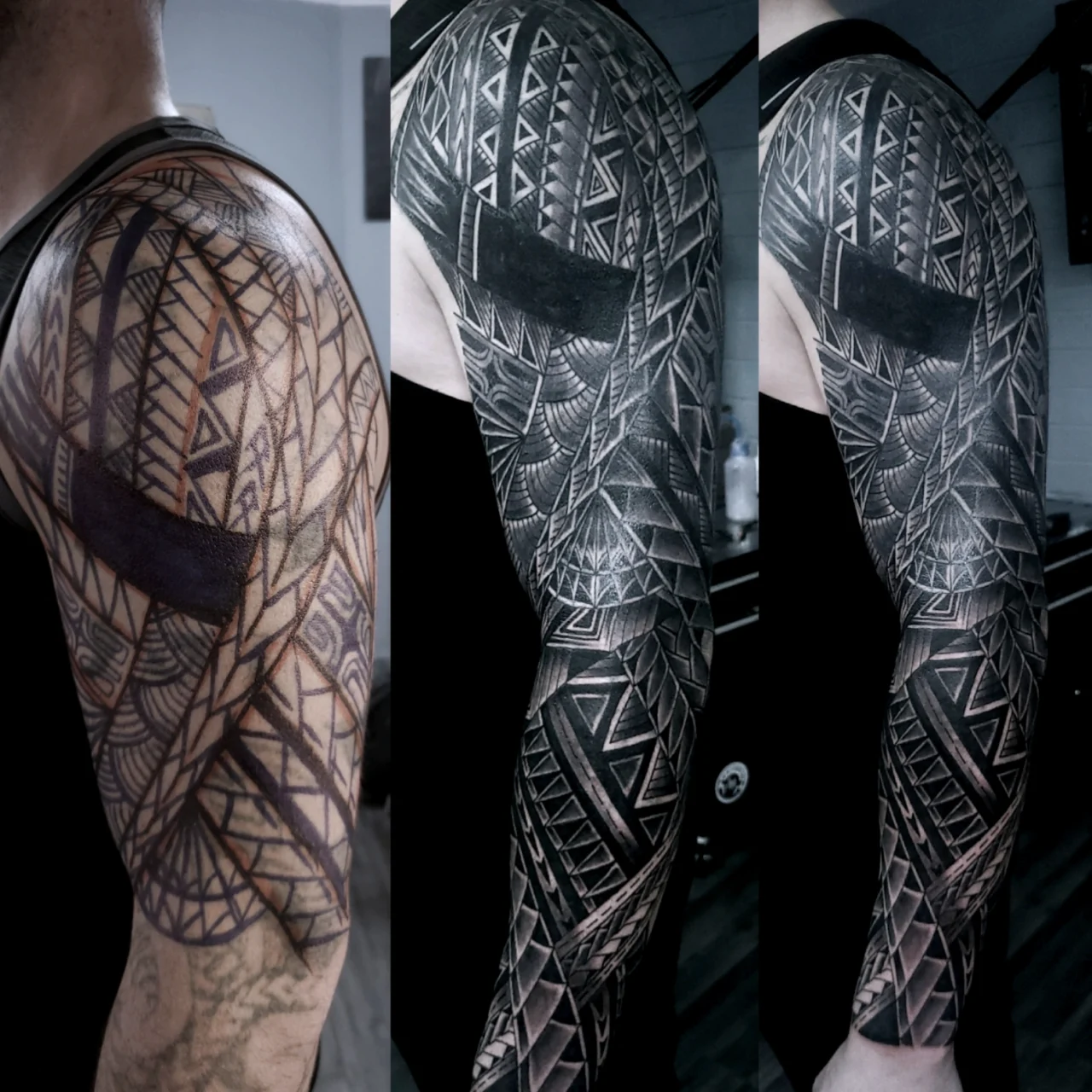 Three side-by-side photos showing the progression of a Polynesian-style geometric tattoo sleeve on a persons upper arm and shoulder, from initial outline to detailed, shaded final artwork.