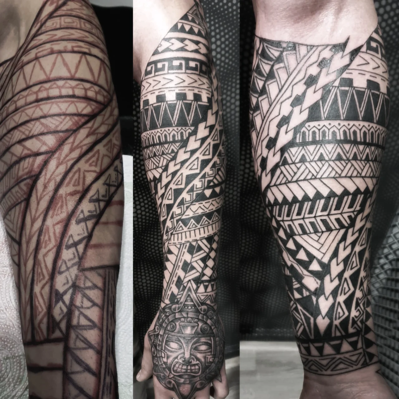 Three arms with Polynesian tribal tattoos at different stages: first with stencil lines, second with detailed black ink and a sun face, third with bold black geometric patterns and lines covering the forearm.