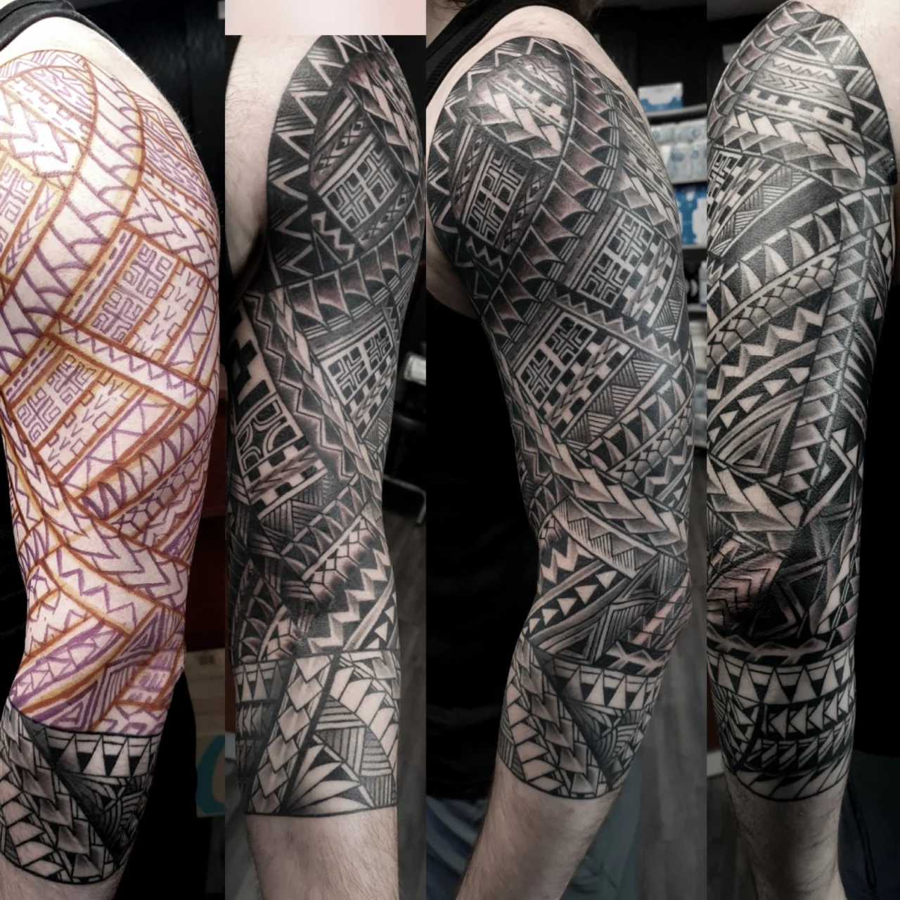 Four side-by-side images show the progression of a tribal tattoo sleeve being inked on an upper arm, from stencil outline to fully completed, detailed black and gray geometric patterns.