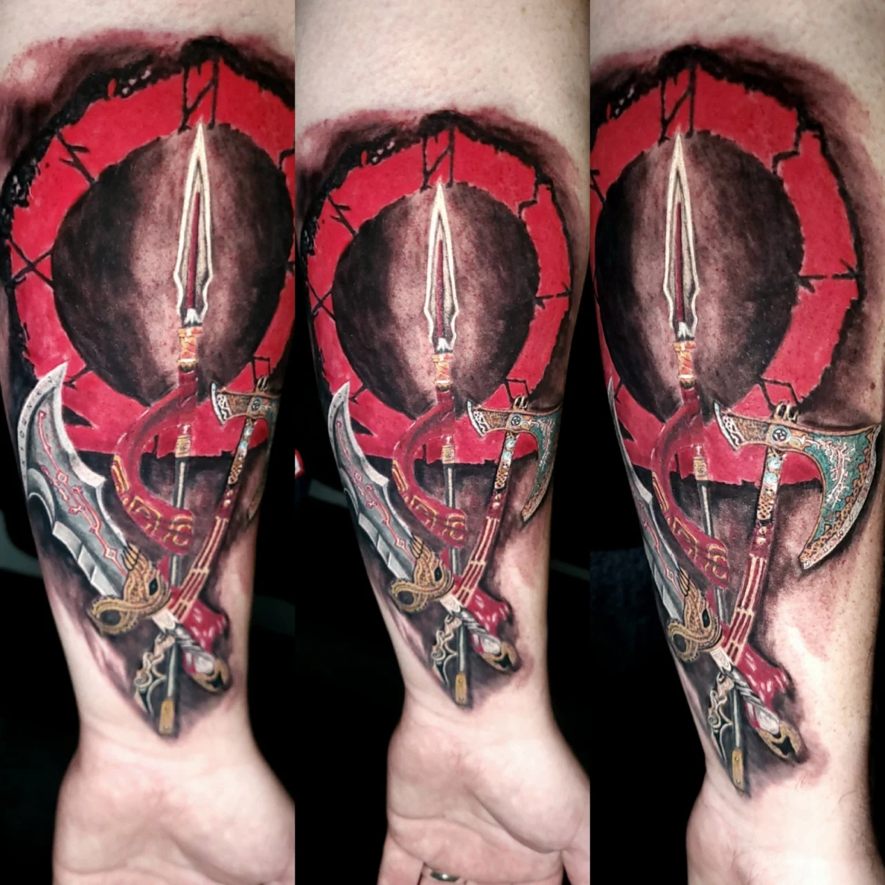 A detailed tattoo of a Spartan helmet, spear, sword, and axe, arranged before a red circular background, inspired by Greek warrior imagery. The design features realistic shading and intricate metallic details.