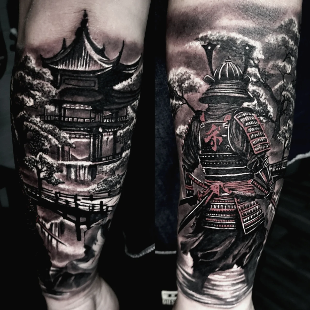 Tattoo art of a samurai in armor facing a traditional Japanese pagoda, surrounded by trees and a bridge, rendered in black and grey ink with red accents.