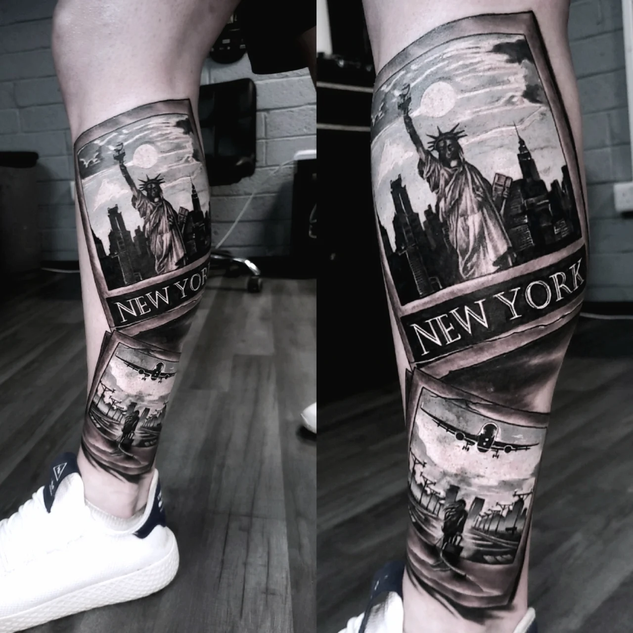 A realistic black-and-gray tattoo on a persons lower leg depicts the Statue of Liberty, New York skyline, an airplane above, and the word NEW YORK in bold letters, with the wearer standing indoors in white sneakers.