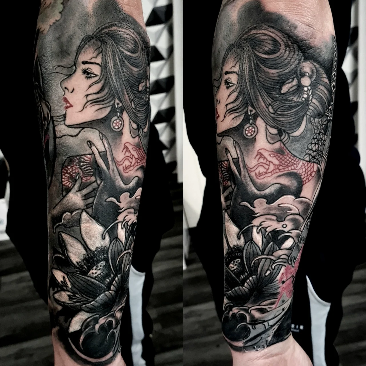 Tattoo of a woman in traditional Japanese style with flowing hair, earrings, detailed floral patterns, and waves, covering the forearm. The design uses mostly black and grey ink with accents of red.