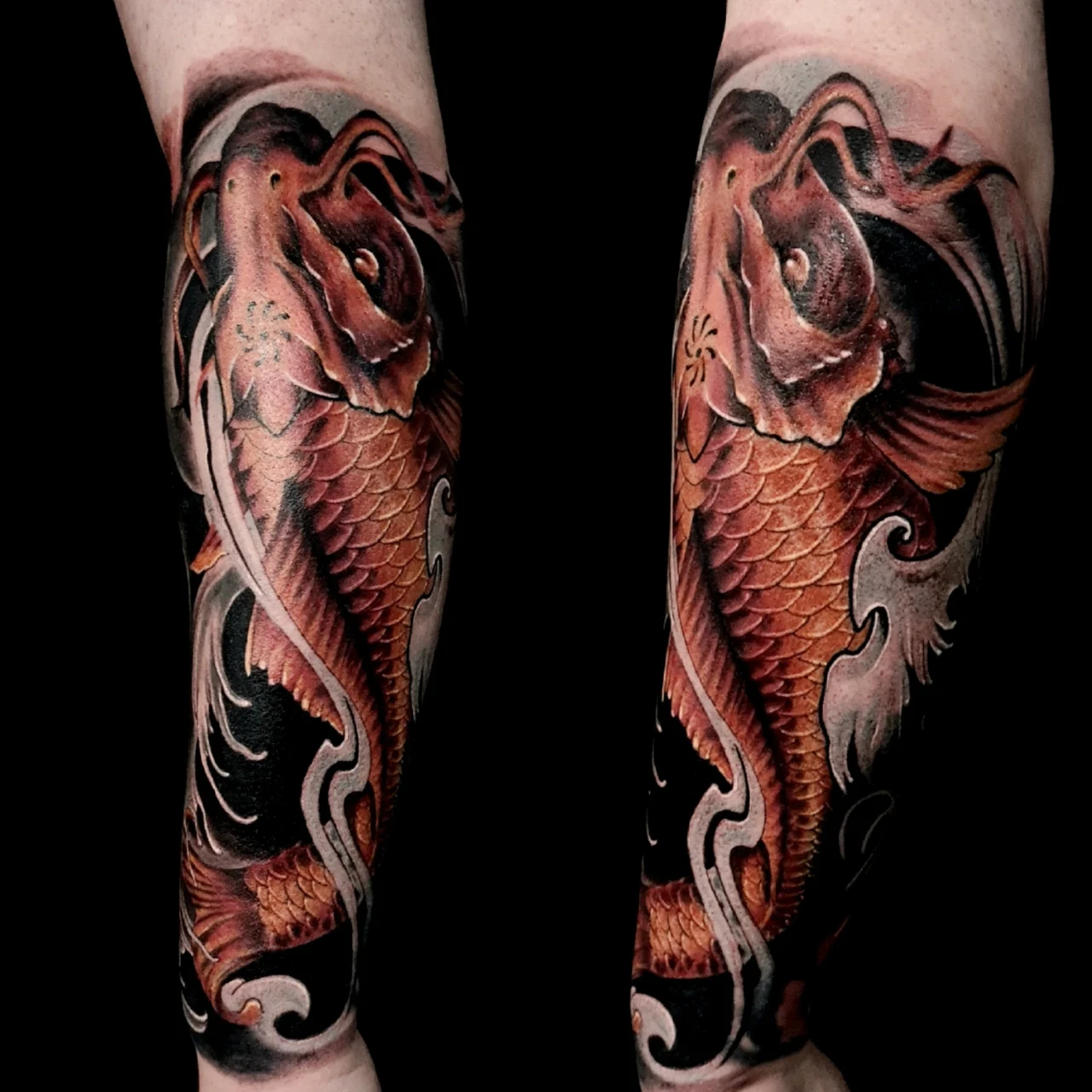A detailed tattoo of an orange koi fish with black shading and white highlights, wrapping around a persons forearm, surrounded by stylized water waves.