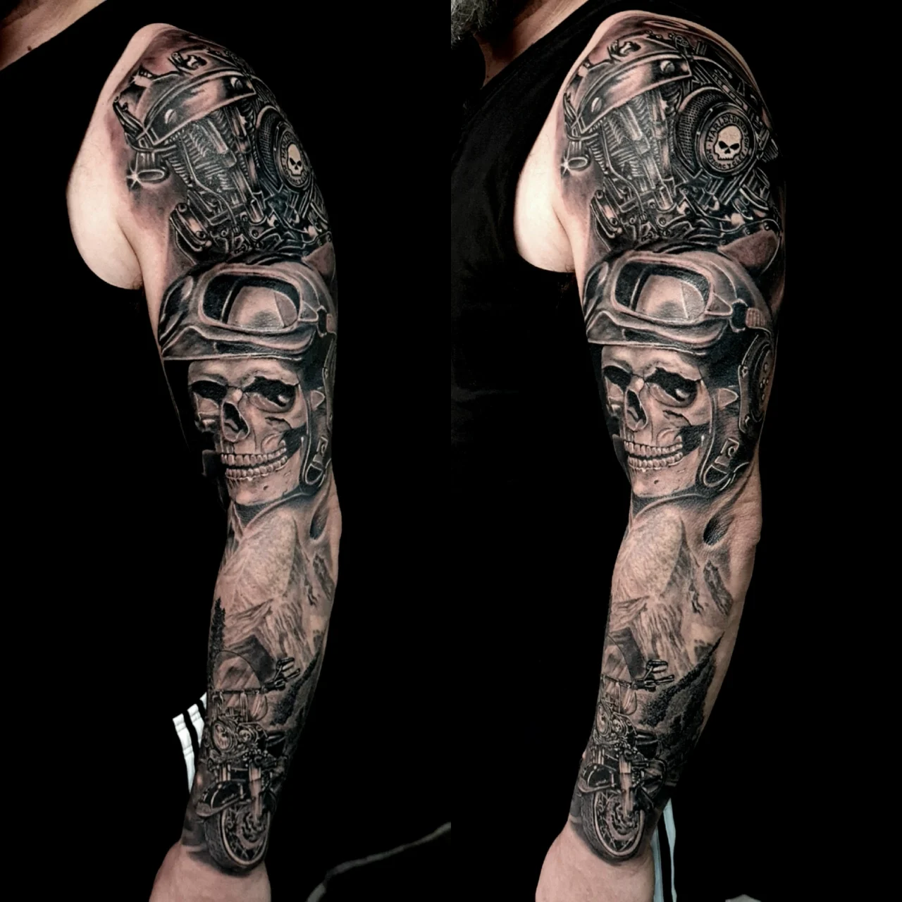 A full-sleeve tattoo on a person’s arm featuring a detailed skull wearing a helmet, mechanical gears, and intricate machinery elements in black and gray ink.
