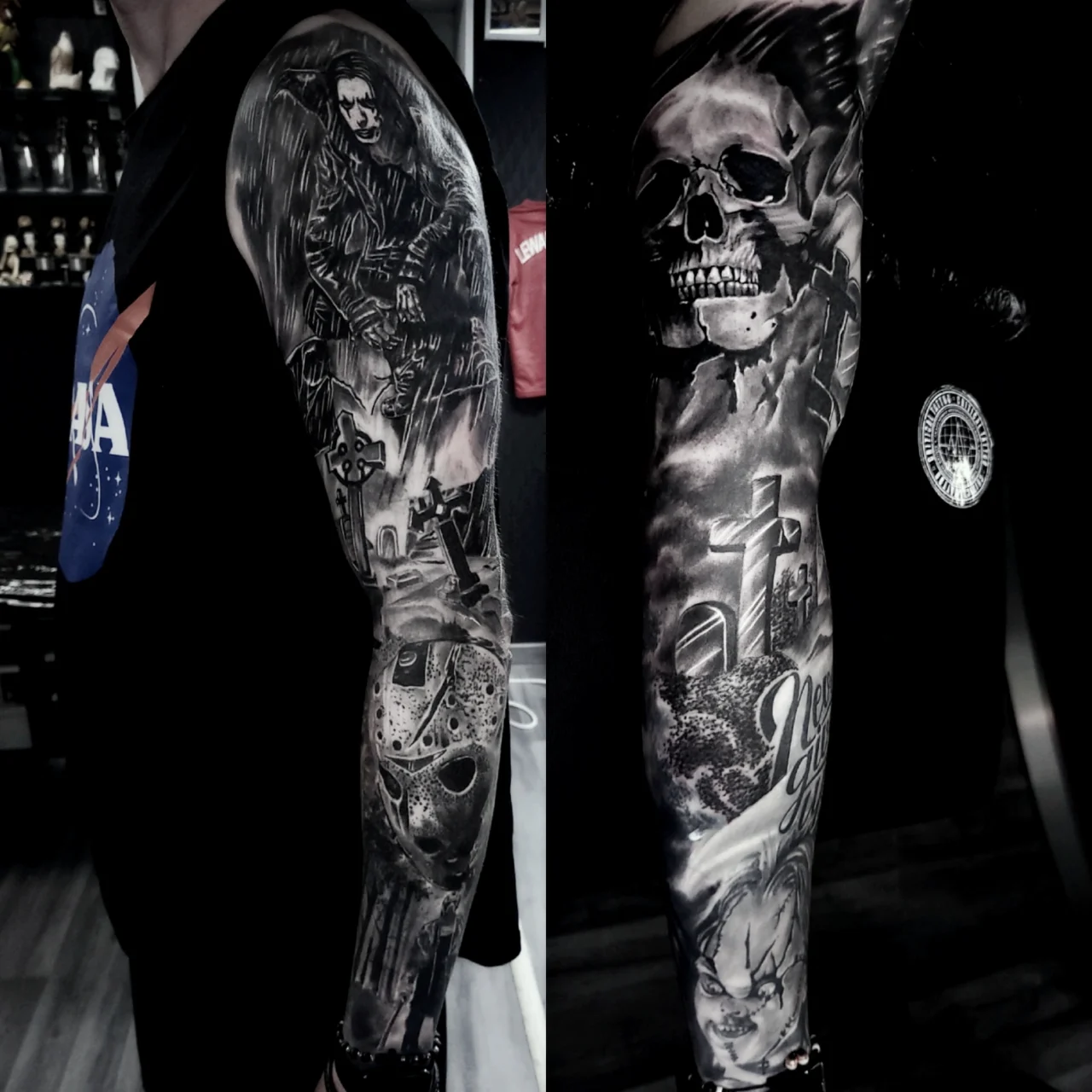 A persons arm features a detailed black and white horror-themed tattoo sleeve, including images of Jason Voorhees, a skull, tombstones, stormy clouds, and other dark, eerie elements.