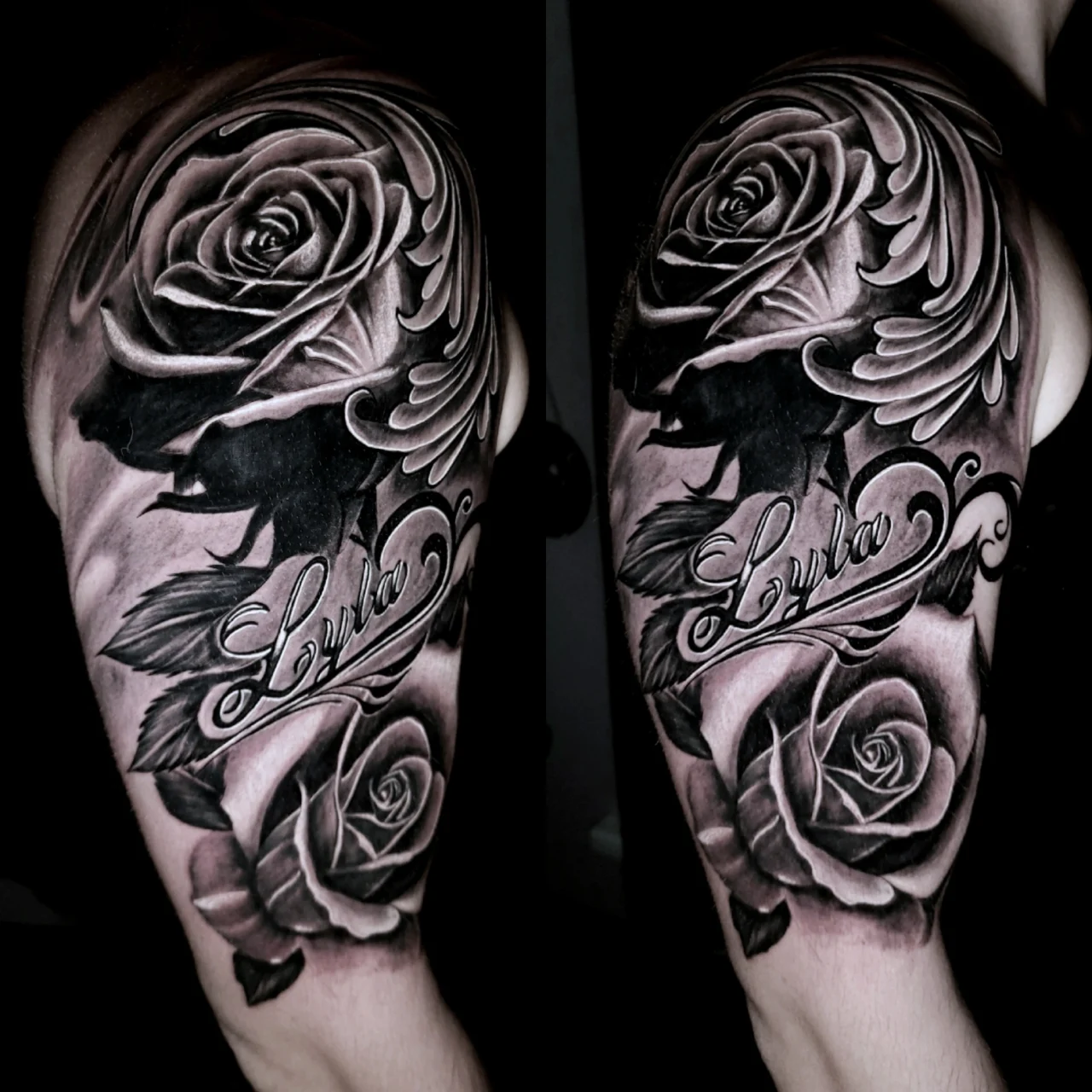 Black and gray tattoo on an upper arm featuring two large realistic roses, a silhouette of a wolf, swirling decorative elements, and the name “Lydia” written in elegant script.