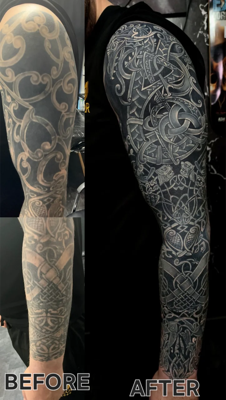 A side-by-side comparison of a persons arm shows a faded tribal tattoo sleeve on the left labeled BEFORE and a bold, detailed Nordic-inspired tattoo sleeve on the right labeled AFTER.