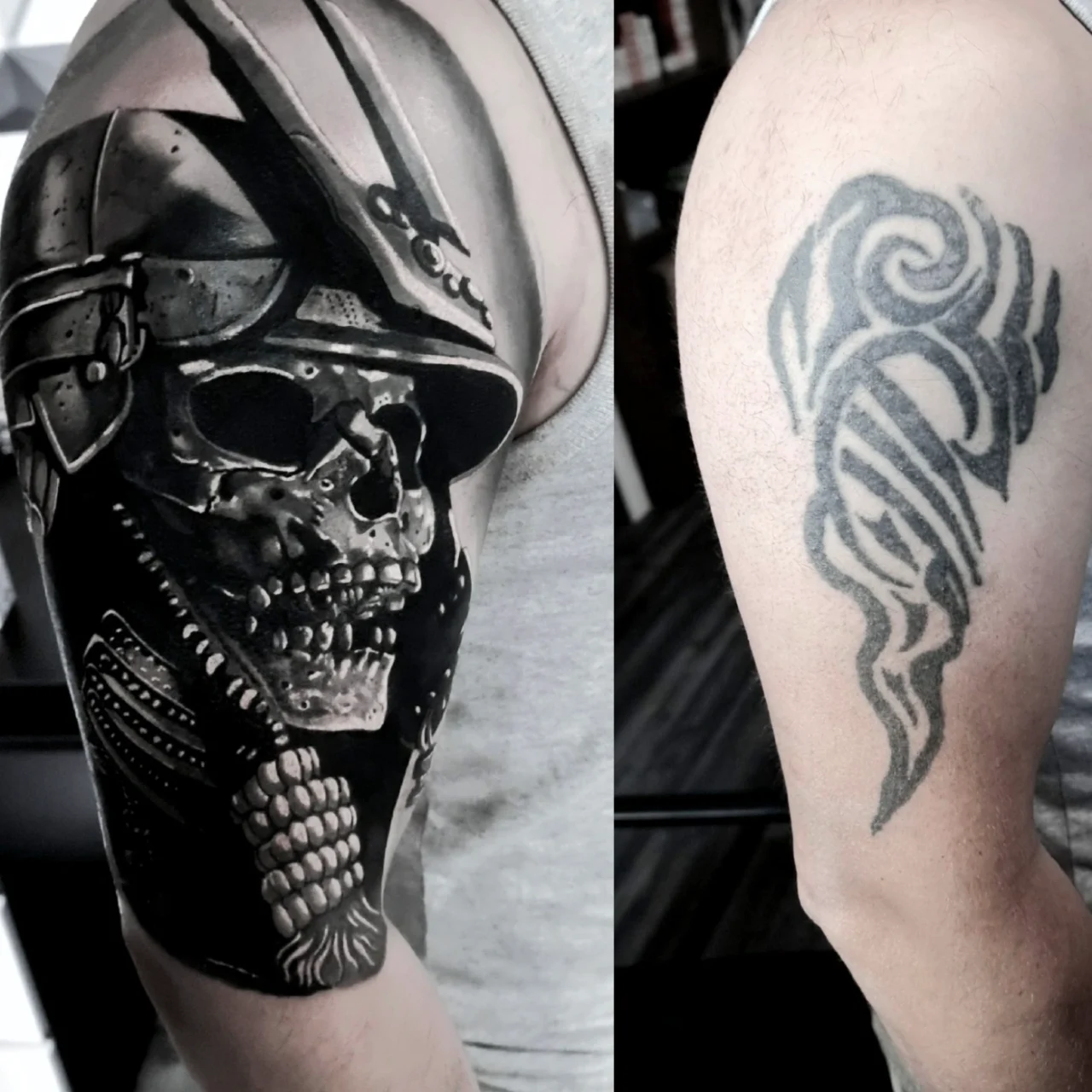Side-by-side images of an upper arm before and after a tattoo cover-up; the original tattoo is an abstract tribal design, while the new tattoo is a realistic skull wearing a samurai helmet.