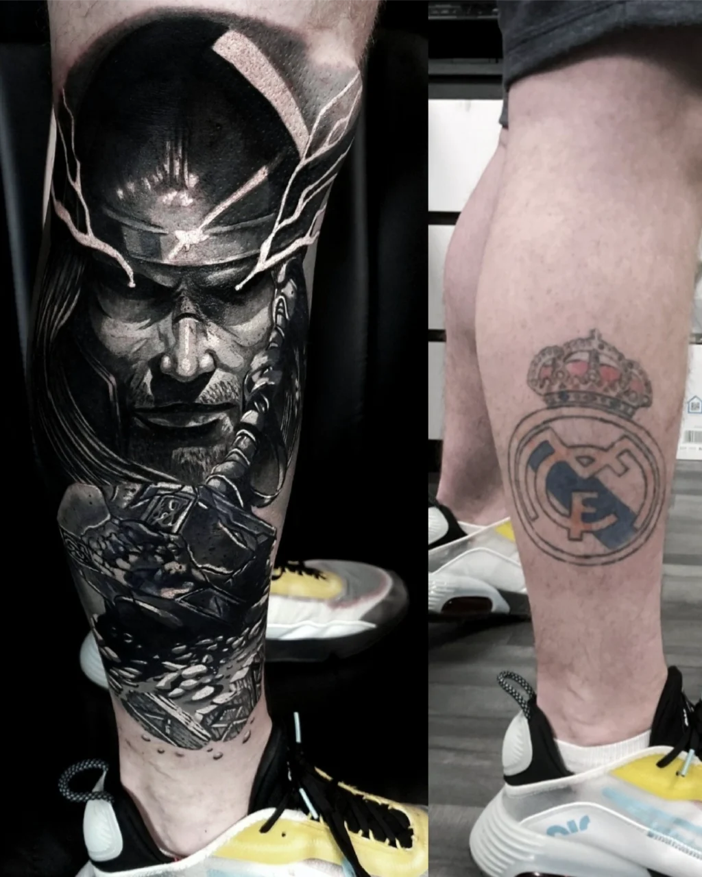 Two photos of a person’s lower legs with tattoos; one leg has a detailed black-and-gray fantasy warrior with a helmet and sword, the other has the Real Madrid soccer crest below the calf. The person is wearing white sneakers with yellow accents.