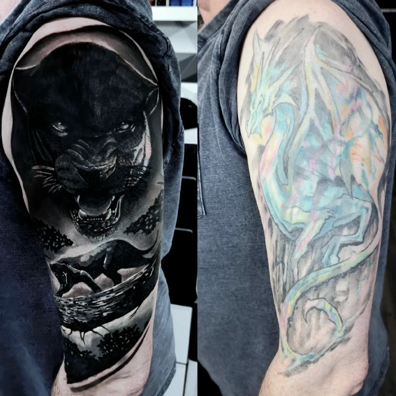 Side-by-side tattoos on an upper arm: a detailed black panther on the left with bared teeth, and a pastel-colored dragon with a long tail on the right. Both tattoos cover the upper arm and shoulder.