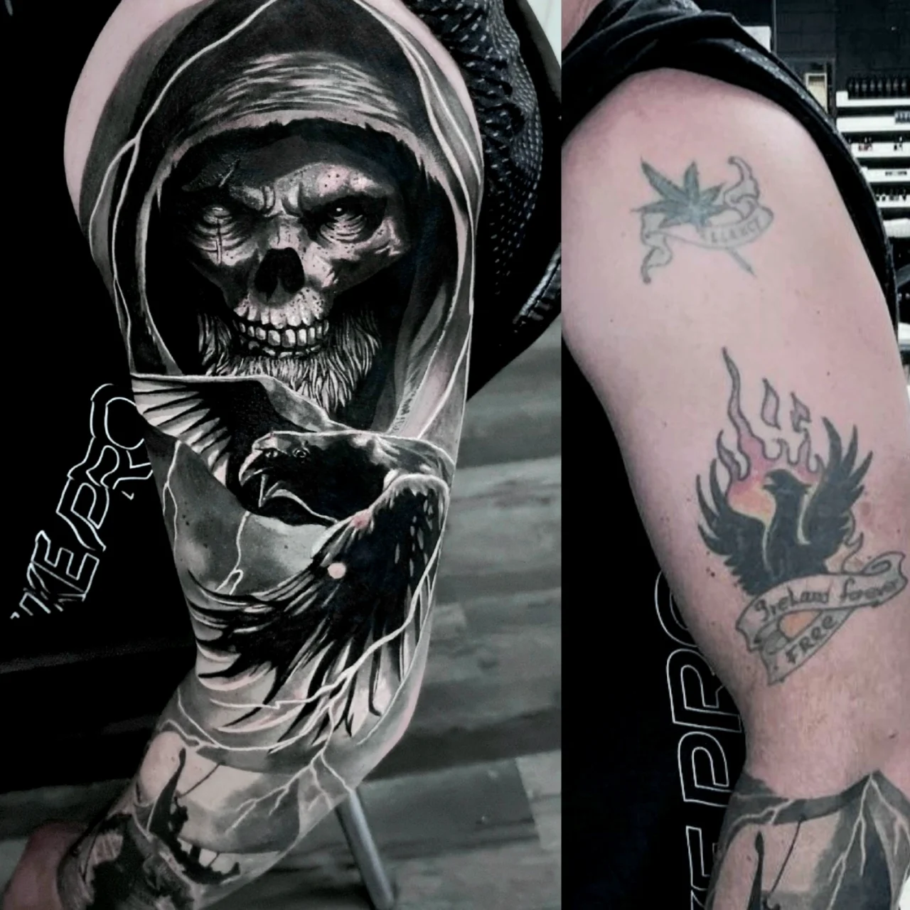Side-by-side comparison of two arm tattoos: one is a detailed black-and-grey Grim Reaper with a crow, and the other features simpler designs—a burning heart with a banner and a small leaf with a ribbon.