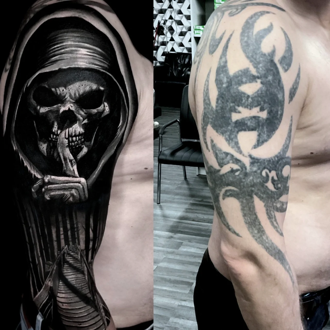 Side-by-side photos of two men’s upper arms: the left shows a detailed skull in a hood with a finger to its lips, and the right features a bold, black tribal tattoo design.