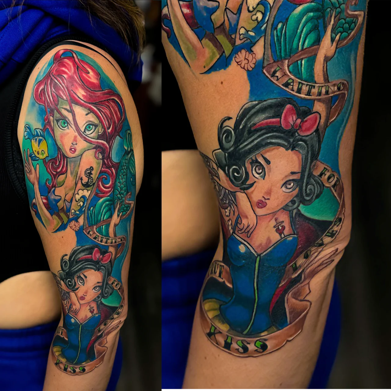 Colorful tattoo sleeve featuring stylized versions of Ariel and Snow White, each holding an iconic object. Flowing banners with text wrap around both characters on a persons upper arm.