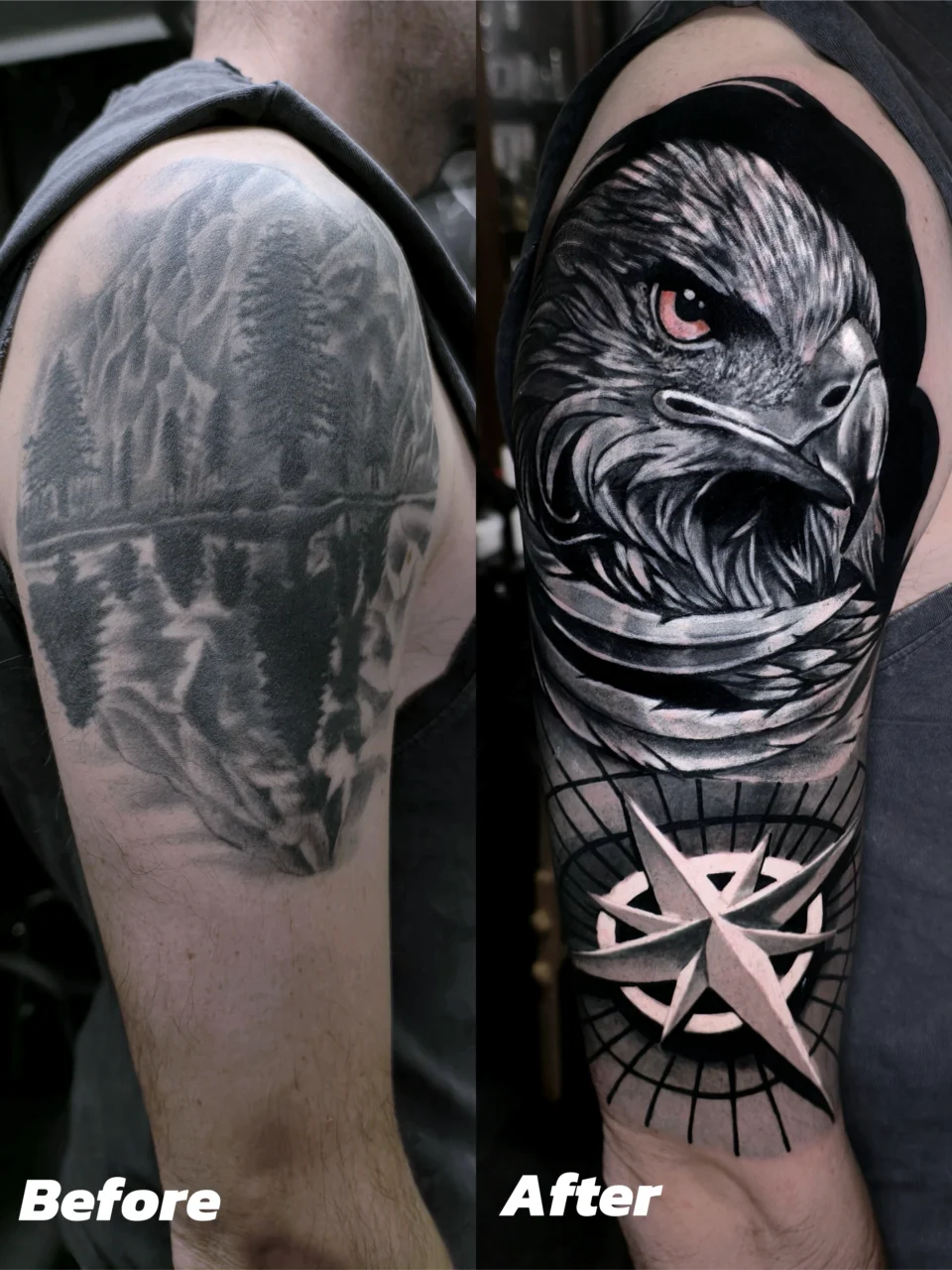 Side-by-side comparison of a man’s upper arm tattoo: the faded “Before” shows a landscape with trees and water; the vibrant “After” shows a detailed eagle, compass, and bold black background.