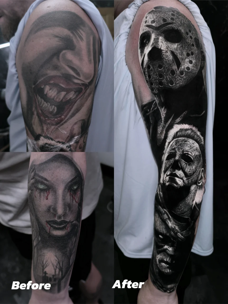 A collage showing a tattoo cover-up transformation: on the left, two faded, dark portraits labeled Before; on the right, detailed horror movie character tattoos labeled After on an upper arm.