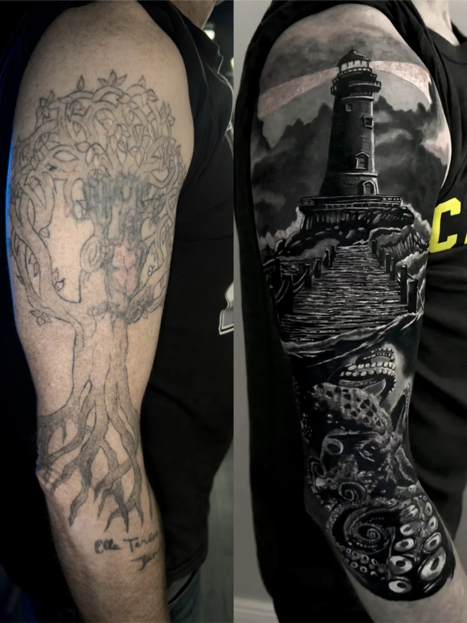 Side-by-side comparison of a mans upper arm: the left shows a faded tree tattoo with text, and the right shows a detailed black-and-gray tattoo of a lighthouse, stairs, ocean, and octopus covering the arm.
