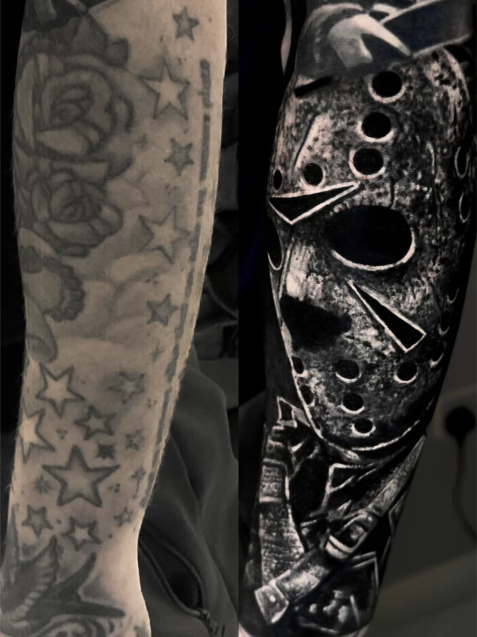 A before and after image of a forearm tattoo cover-up: the left shows faded star and rose tattoos, while the right features a detailed black and gray hockey mask design.