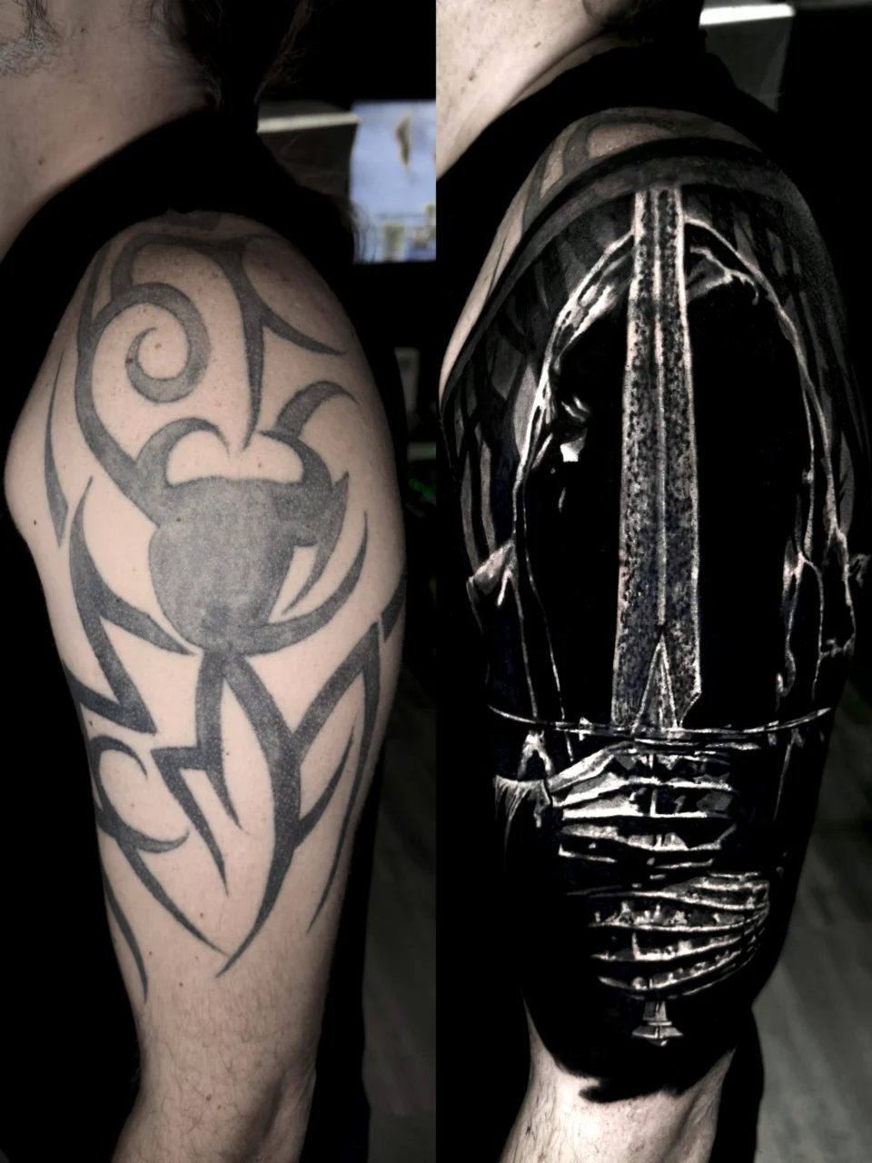 Side-by-side view of a person’s upper arm: the left shows a bold tribal tattoo design, and the right shows an intricate black and grey helmet tattoo covering the previous design.