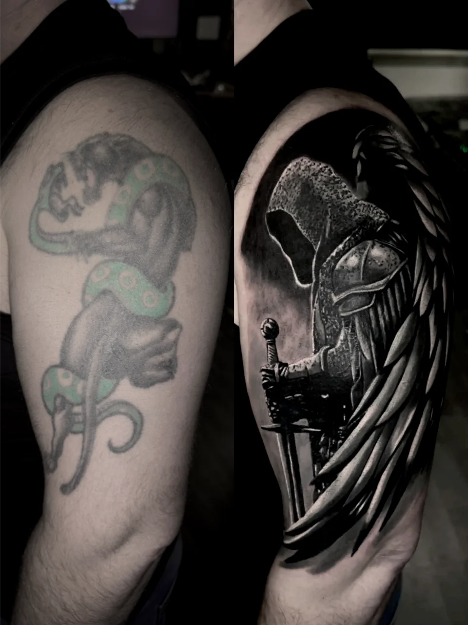 Side-by-side images of an arm: the left shows a faded tattoo of a snake wrapped around a dagger, and the right shows a detailed, realistic tattoo of a hooded angel with wings holding a sword.